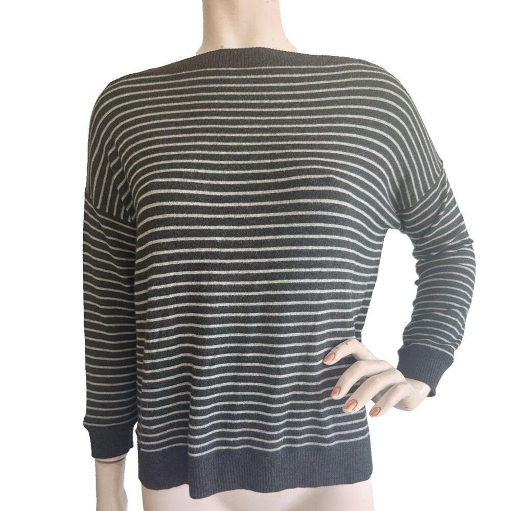 EILEEN FISHER Sweater Top Gray Striped Long Sleeve Viscose Blend Boatneck Size S